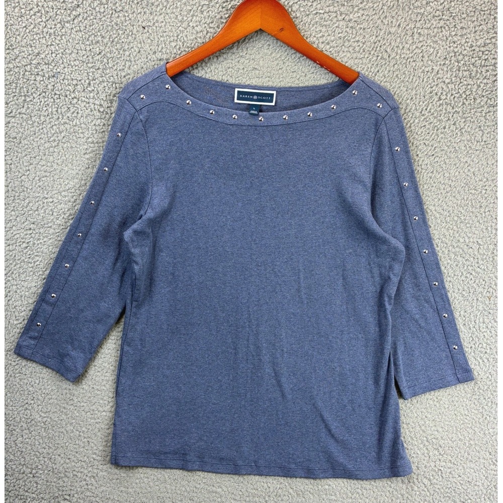 Karen Scott Studded Boat Neck Top Womens L Blue 3/4 Sleeve Casual Knit Stretch
